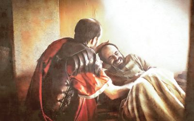 Graphic of a Roman centurion leaning over an ill man to illustrate the article Jesus and the Roman Centurion.